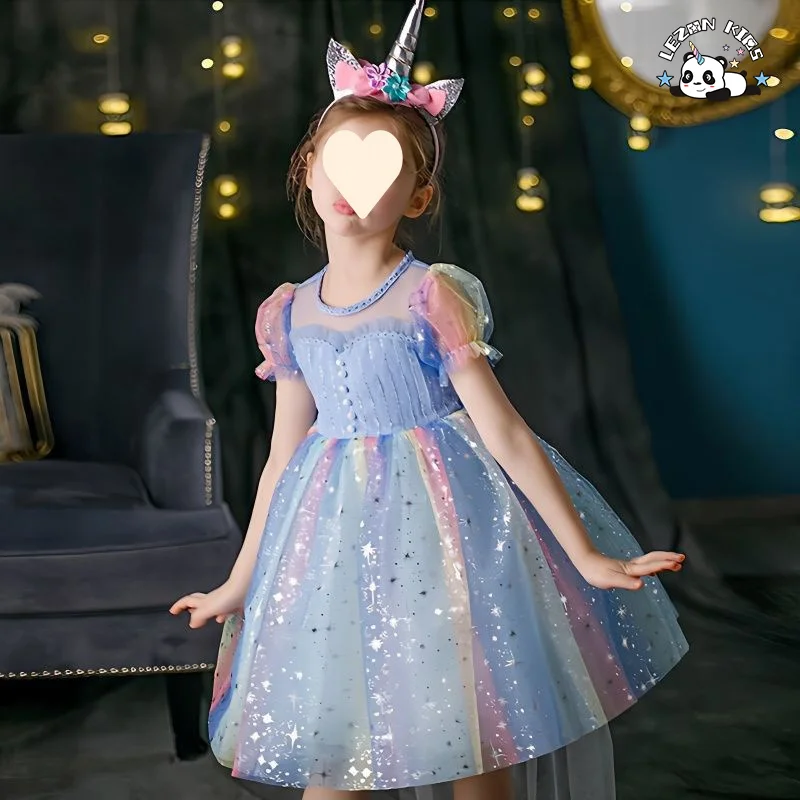 LEZONKIDS - Good Quality Short Puff Sleeve Rainbow princess girls dress summer sequined sparkly little girl dress